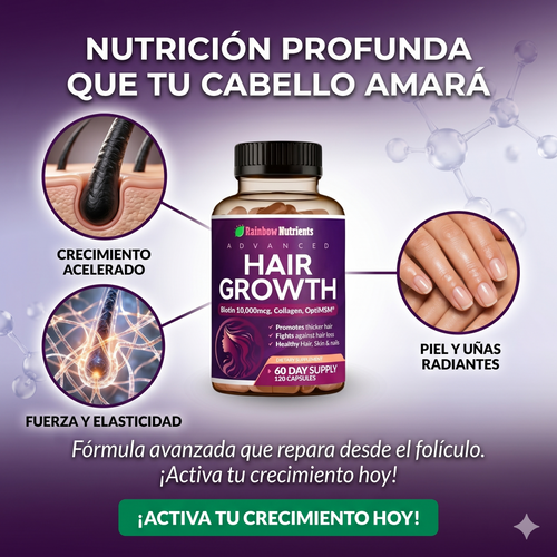 Detén la caída y recupera tu brillo con las cápsulas Hair Growth de Rainbow Nutrients.